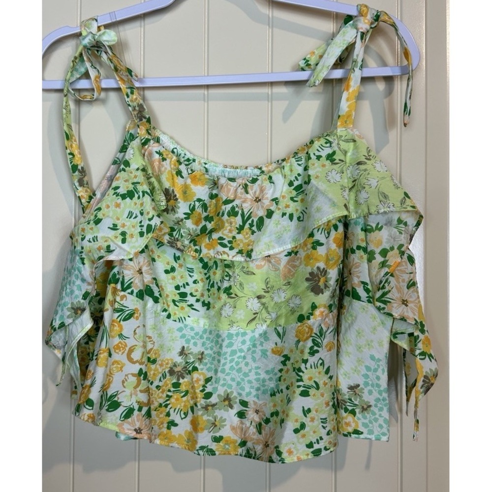 Moa Moa Floral ruffled tie strap crop flowy ruffle tiered boho top sz L NWT‎